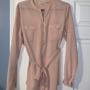 Baby pink Calvin Klein textured roll tab blouse